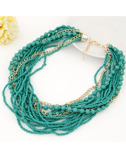 Mini Beads and Alloy Chain Mix Fashion Chunky Style Short Costume Necklace - Teal