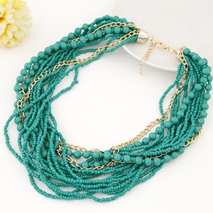 Mini Beads and Alloy Chain Mix Fashion Chunky Style Short Costume Necklace - Teal