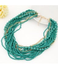 Mini Beads and Alloy Chain Mix Fashion Chunky Style Short Costume Necklace - Teal