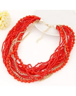 Mini Beads and Alloy Chain Mix Fashion Chunky Style Short Costume Necklace - Red