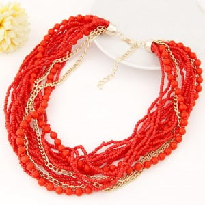 Mini Beads and Alloy Chain Mix Fashion Chunky Style Short Costume Necklace - Red