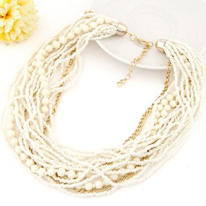 Mini Beads and Alloy Chain Mix Fashion Chunky Style Short Costume Necklace - White