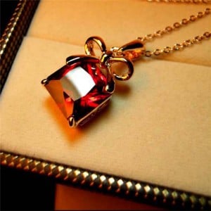 Fashion Bow-know Red Crystal 18k Rose Gold Plated Necklace