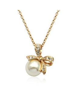 Bowknot Decorated Pearl Pendant 18k Rose Gold Plated Necklace