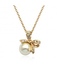 Bowknot Decorated Pearl Pendant 18k Rose Gold Plated Necklace