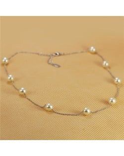 Pearl Embellished 18K Platinum Plated Short Slim Chain Necklace