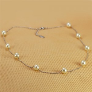 Pearl Embellished 18K Platinum Plated Short Slim Chain Necklace
