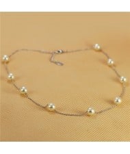 Pearl Embellished 18K Platinum Plated Short Slim Chain Necklace