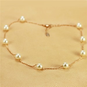 Pearl Embellished 18K Rose Gold Plated Short Slim Chain Necklace