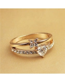 Crystal Heart and Flower Inlaid Dual Layers Rose Gold Fashion Ring