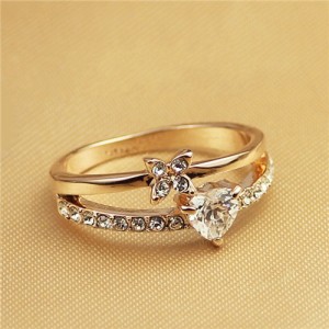 Crystal Heart and Flower Inlaid Dual Layers Rose Gold Fashion Ring