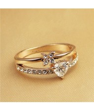 Crystal Heart and Flower Inlaid Dual Layers Rose Gold Fashion Ring