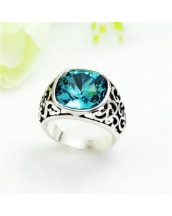 Aquamarine Crystal Propitious Cloud Design Hollow Style Platinum Plated Ring