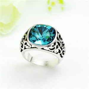 Aquamarine Crystal Propitious Cloud Design Hollow Style Platinum Plated Ring