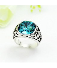Aquamarine Crystal Propitious Cloud Design Hollow Style Platinum Plated Ring