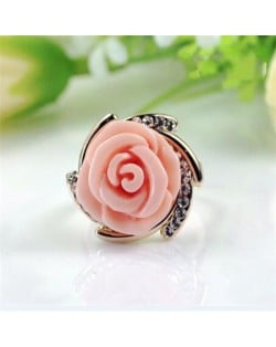 Rhinestone Embellished Graceful Rose 18k Rose Gold Plated Ring - Pink