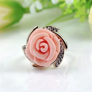 Rhinestone Embellished Graceful Rose 18k Rose Gold Plated Ring - Pink