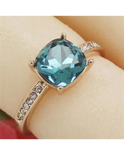 Square Aquamarine Crystal Inlaid Four Claws 18k Rose Gold Plated Ring