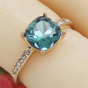 Square Aquamarine Crystal Inlaid Four Claws 18k Rose Gold Plated Ring