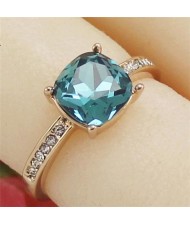 Square Aquamarine Crystal Inlaid Four Claws 18k Rose Gold Plated Ring