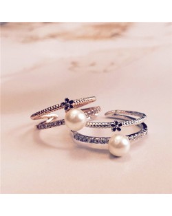 Tiny Black Flower and Pearl Decorated Dual Layers Rose Gold/ Platinum Plated Ring