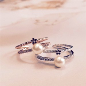 Tiny Black Flower and Pearl Decorated Dual Layers Rose Gold/ Platinum Plated Ring