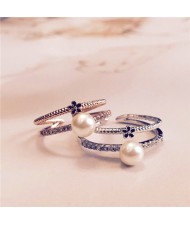 Tiny Black Flower and Pearl Decorated Dual Layers Rose Gold/ Platinum Plated Ring