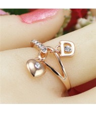 Sweet Heart And Lock Pendants Rose Gold Plated Ring