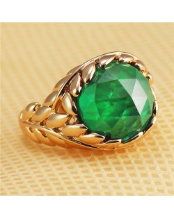 Green Crystal Inlaid Leaves Covered Design Rose Gold Plated Ring