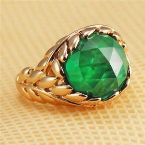 Green Crystal Inlaid Leaves Covered Design Rose Gold Plated Ring