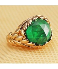 Green Crystal Inlaid Leaves Covered Design Rose Gold Plated Ring