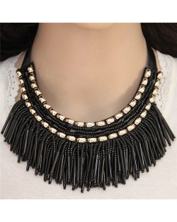 High Fashion Mini Beads Tassel and Alloy Studs Combo Design Statement Necklace - Black