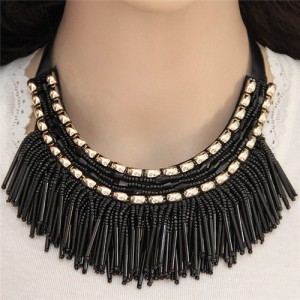 High Fashion Mini Beads Tassel and Alloy Studs Combo Design Statement Necklace - Black