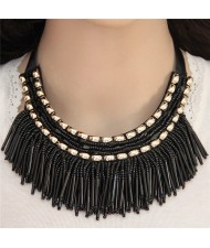 High Fashion Mini Beads Tassel and Alloy Studs Combo Design Statement Necklace - Black