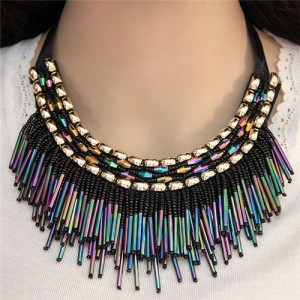 High Fashion Mini Beads Tassel and Alloy Studs Combo Design Statement Necklace - Shining Colorful