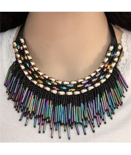 High Fashion Mini Beads Tassel and Alloy Studs Combo Design Statement Necklace - Shining Colorful