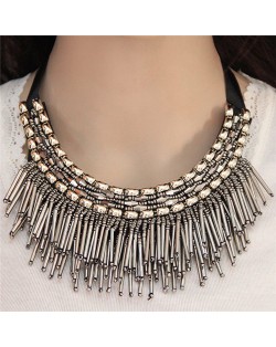 High Fashion Mini Beads Tassel and Alloy Studs Combo Design Statement Necklace - Silver