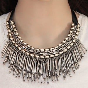 High Fashion Mini Beads Tassel and Alloy Studs Combo Design Statement Necklace - Silver