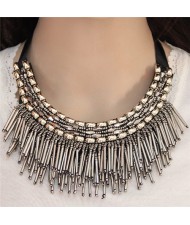 High Fashion Mini Beads Tassel and Alloy Studs Combo Design Statement Necklace - Silver