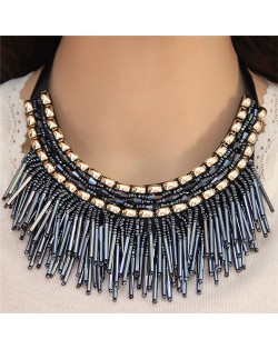 High Fashion Mini Beads Tassel and Alloy Studs Combo Design Statement Necklace - Blue