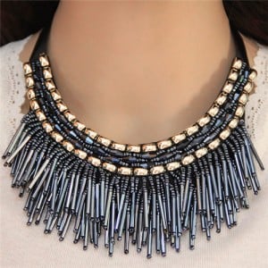 High Fashion Mini Beads Tassel and Alloy Studs Combo Design Statement Necklace - Blue