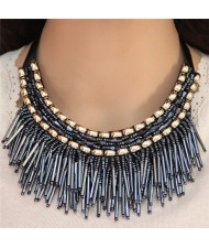 High Fashion Mini Beads Tassel and Alloy Studs Combo Design Statement Necklace - Blue