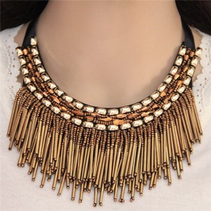 High Fashion Mini Beads Tassel and Alloy Studs Combo Design Statement Necklace - Golden