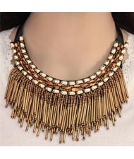High Fashion Mini Beads Tassel and Alloy Studs Combo Design Statement Necklace - Golden