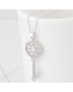 Korean Fashion Cubic Zirconia Embellished Sweet Delicate Hollow Key Pendant Long Necklace - Silver