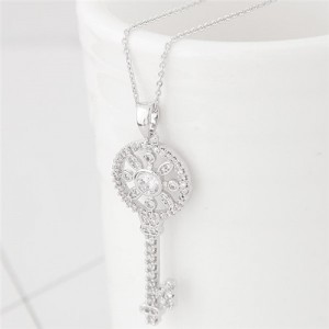 Korean Fashion Cubic Zirconia Embellished Sweet Delicate Hollow Key Pendant Long Necklace - Silver