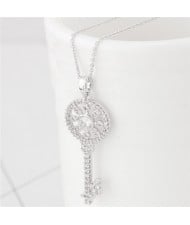 Korean Fashion Cubic Zirconia Embellished Sweet Delicate Hollow Key Pendant Long Necklace - Silver