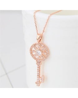 Korean Fashion Cubic Zirconia Embellished Sweet Delicate Hollow Key Pendant Long Necklace - Golden
