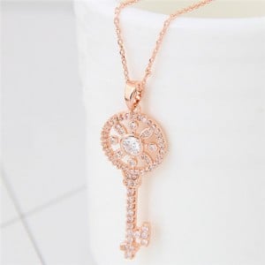 Korean Fashion Cubic Zirconia Embellished Sweet Delicate Hollow Key Pendant Long Necklace - Golden