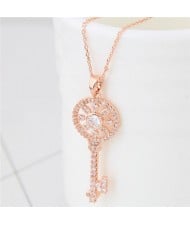 Korean Fashion Cubic Zirconia Embellished Sweet Delicate Hollow Key Pendant Long Necklace - Golden